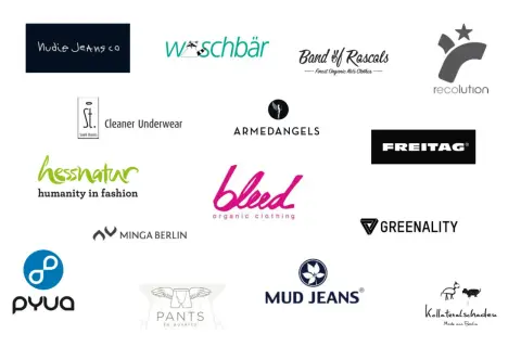 Logos von Marken wie Nudie Jeans, Hessnatur, Armedangels, Bleed, Mud Jeans, Freitag, Greenality, Pyua, Pants to Poverty, MINGA BERLIN, St. Cleaner Underwear, Waschbär, Band of Rascals, Recolution und Kollateralschaden. Diese Marken produzieren nicht fair.