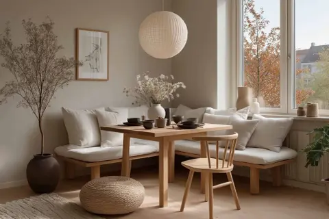 Gemütliche Ecke mit Holztisch, Bank und Stuhl. Perfekte esstisch inspo für entspannte Mahlzeiten.