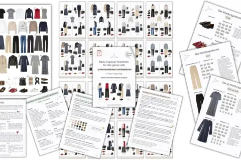 Übersicht über eine Capsule Wardrobe mit 33 Teilen, Outfit-Ideen und Shopping-Links. Diese **Kleidung Konsum Statistik** zeigt, wie man mit wenigen Teilen viele Looks kreiert.