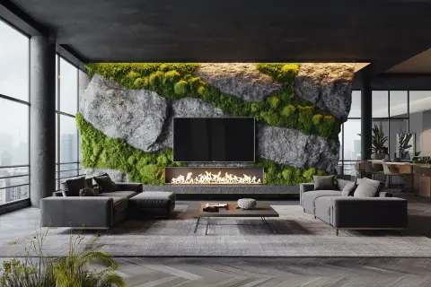 Moderne Wohnzimmergestaltung: Eine lange Wand wird mit Naturstein und Moos gestaltet, ein Kamin und ein Fernseher integriert.
