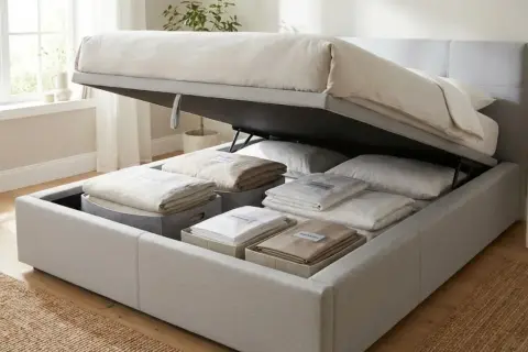 Ein Bett statt Sofa im Wohnzimmer mit viel Stauraum darunter für Bettwäsche.