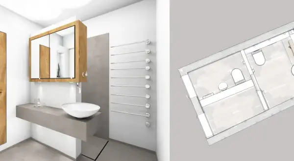 Moderne Badezimmeraufteilung Ideen: ein Waschbecken auf Betonkonsole, Holzverkleidung und ein Grundriss zeigen clevere Raumgestaltung.