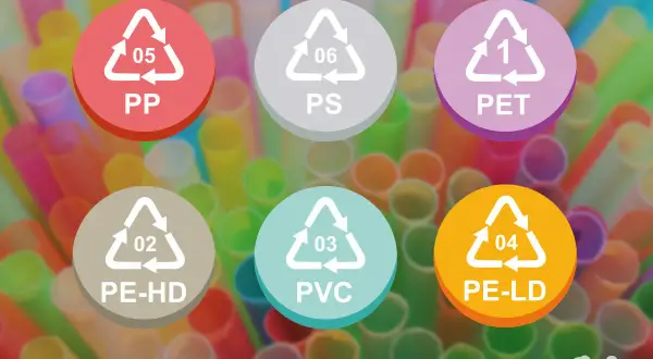 Bunte Plastikstrohhalme mit Recycling-Symbolen. Vorsicht bei PVC (03), da es giftig sein kann.