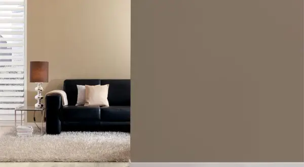 Schwarzes Ledersofa mit Kissen, ein Couchtisch mit Lampe und ein flauschiger Teppich. Die Wandfarbe ist braun, eine warme Farbe, die Gemütlichkeit ausstrahlt.