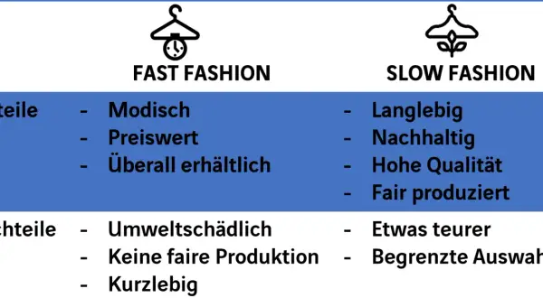 Vergleich von Fast und Slow Fashion: Fast Fashion ist modisch, preiswert, aber umweltschädlich und kurzlebig. Nachteile sind Umweltbelastung und keine faire Produktion.