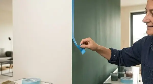 Frau klebt Klebeband an die Wand, um eine klare Trennlinie zu schaffen. Sie wird die Wand nicht bis zur Decke streichen, sondern nur einen Teil davon.