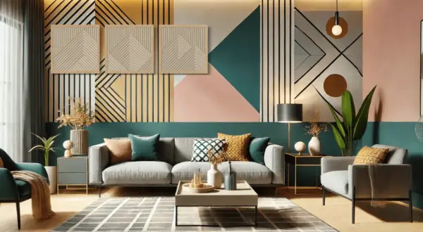 Modernes Wohnzimmer mit geometrischer Wandgestaltung, die einen trendigen Look erzeugt. Ein Sofa, Sessel und ein Couchtisch laden zum Entspannen ein.