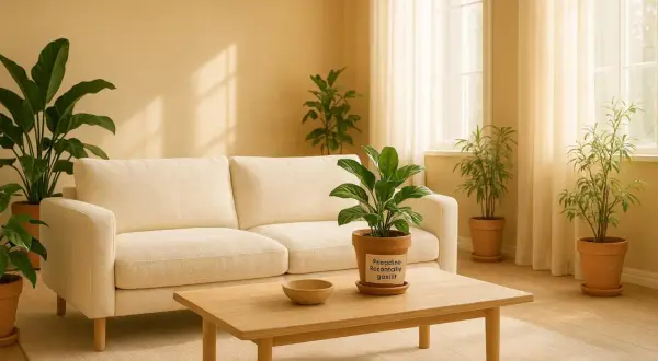 Ein helles Wohnzimmer mit cremefarbener Couch, Holztisch und vielen Pflanzen. Die Wandfarbe ist ein warmer Beigeton, der zeigt, welche Farbe passt zu Sand.