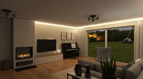 Gemütliche wohnidee wohnzimmer mit Kamin, Klavier und Blick ins Grüne. Einladende Atmosphäre durch indirekte Beleuchtung.