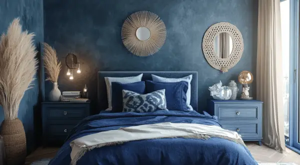 Ein stilvolles Schlafzimmer in Blau und Beige mit einem großen Bett, Spiegeln und Dekorationen.