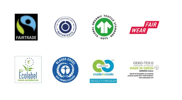Siegel für nachhaltige kleidungsmarken: Fairtrade, GOTS, EU Ecolabel, Blauer Engel, Fair Wear, OEKO-TEX® Made in Green.