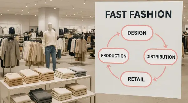 Schema von Fast Fashion: Design, Produktion, Distribution, Retail. Ein Kreislauf, der die Schnelllebigkeit der Branche zeigt, im Gegensatz zu Slow Fashion.