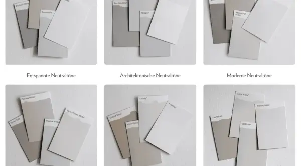 Farbkarten zeigen verschiedene neutrale Wandfarben. Die Wirkung von Wandfarbe wird durch diese Nuancen verdeutlicht.