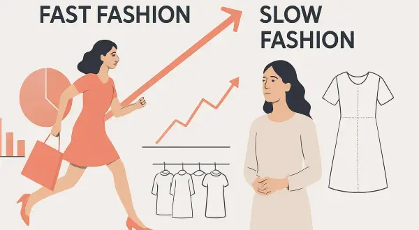 Frau rennt im roten Kleid, symbolisiert Fast Fashion. Daneben steht eine Frau in hellem Kleid, repräsentiert Slow Fashion.