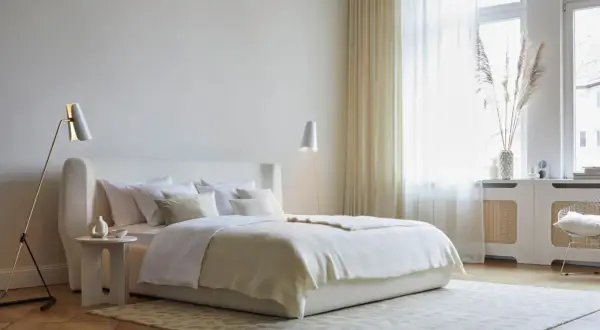 Ein helles Schlafzimmer mit einem großen Bett, das mit weißer Bettwäsche und einer cremefarbenen Decke bedeckt ist. Ein moderner Teppich bedeckt das ganze Zimmer und verleiht ihm Gemütlichkeit.