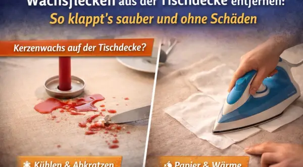 Kerzenwachs auf Tischdecke entfernen: Links: Wachsfleck kühlen & abkratzen. Rechts: Wachsfleck mit Papier & Wärme bügeln.