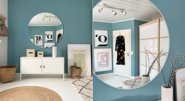 Ein stilvolles Zimmer in Aqua-Blau. Welche Farbe passt zu Aqua-Blau? Hier: Beige, Weiß und Schwarz harmonieren perfekt.