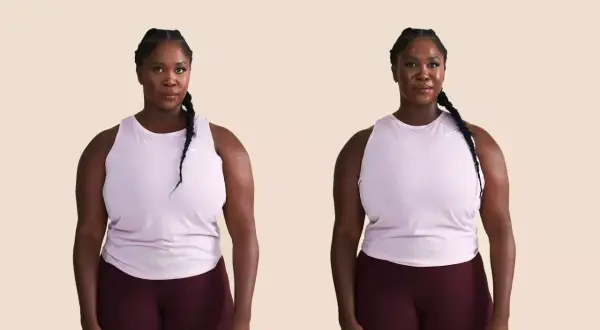 Zwei Bilder einer Frau im Sportoutfit. Links ernster Blick, rechts lächelnd. Ein Vorher-Nachher-Vergleich, der zeigt, wie sich das Wohlbefinden ausmisten kann.