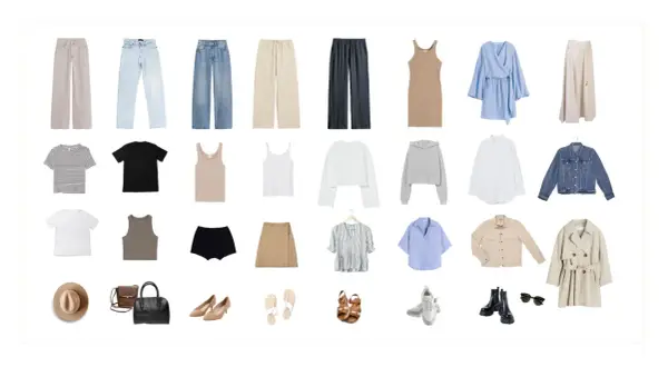 Eine Capsule Wardrobe Liste auf Deutsch: Hosen, Jeans, Röcke, Kleider, Oberteile, Jacken, Schuhe und Accessoires für vielseitige Outfits.