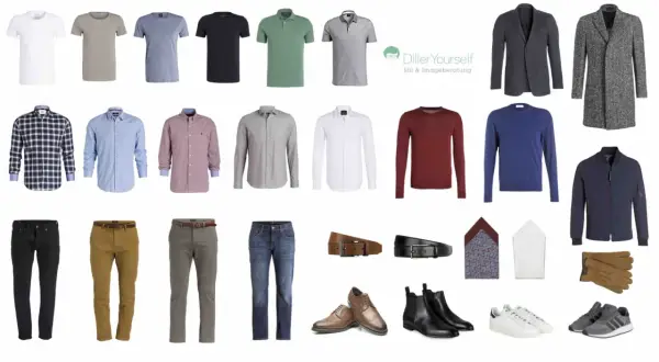 Wie viele Hosen braucht man? Hier sind vier Hosen, zwei Gürtel, Schuhe, Hemden, Pullover und Jacken für einen stilvollen Look.