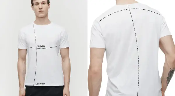 Mann mit weißem T-Shirt, das mit gestrichelten Linien für Breite und Länge markiert ist. So ermitteln Sie, wie lang sollte ein T-Shirt sein.