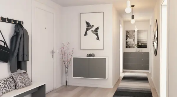 Moderne Garderobe mit schlichtem Design: Hängeschrank, Sitzbank, Garderobenleiste und Kunstwerk für Garderoben-Inspo.