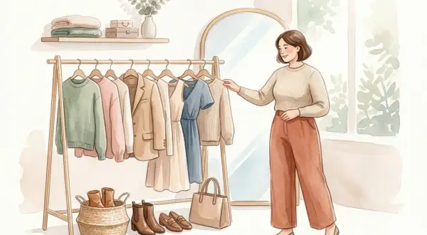 Eine Frau wählt aus einer Garderobe mit ausgewählten Kleidungsstücken, die eine Capsule Wardrobe für stilvolle Outfits bilden.