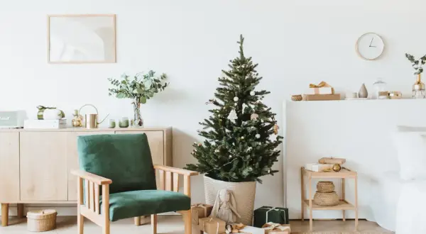 Weihnachtsbaum mit Geschenken und einem Sessel. Zeit, die **Sachen aussortieren** und Platz für Neues schaffen.