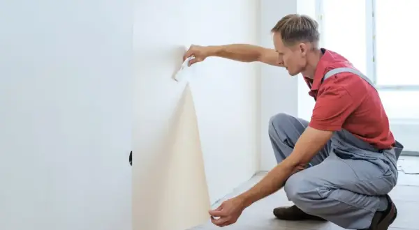 Mann kleistert Vliestapete an die Wand. Er hält ein Stück Tapete und streicht es mit einem Werkzeug glatt.