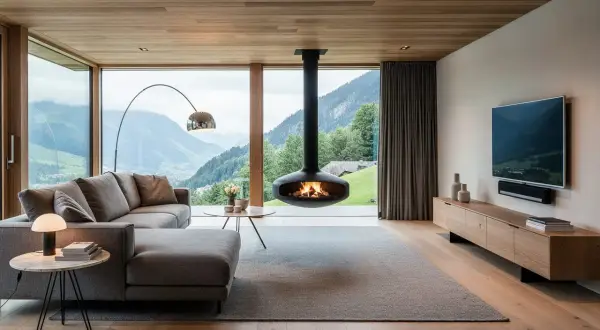 Modernes Wohnzimmer mit Panoramablick. Holzdecken und -böden unterstreichen die Wohntrends Holz. Ein schwebender Kamin sorgt für Gemütlichkeit.