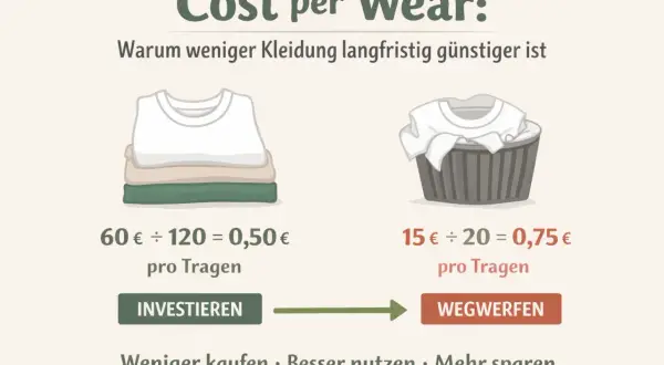 Cost per Wear": Stapel Kleidung (60€/120 Tragen = 0,50€) vs. Wäschekorb (15€/20 Tragen = 0,75€). Investieren lohnt sich!