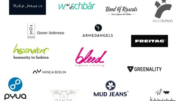 Logos von Marken wie Nudie Jeans, Hessnatur, Armedangels, Bleed, Mud Jeans, Freitag, Greenality, Pyua, Pants to Poverty, MINGA BERLIN, St. Cleaner Underwear, Waschbär, Band of Rascals, Recolution und Kollateralschaden. Diese Marken produzieren nicht fair.