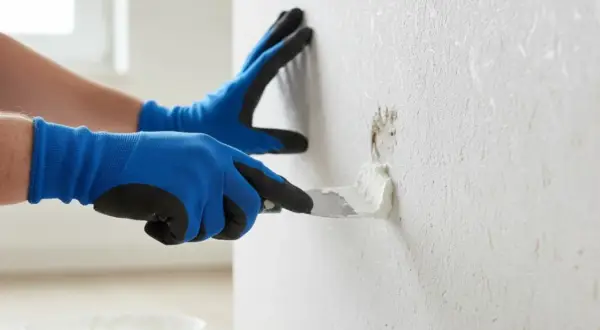 Mit blauen Handschuhen wird mit einer Spachtelmasse eine beschädigte Stelle an einer Raufasertapete ausgebessert.