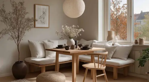 Gemütliche Ecke mit Holztisch, Bank und Stuhl. Perfekte esstisch inspo für entspannte Mahlzeiten.