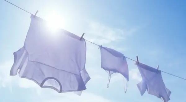 Drei weiße T-Shirts trocknen an einer Wäscheleine im Sonnenschein. Die Frage, wie oft man ein T-Shirt wechseln sollte, wird hier bildlich beantwortet: Wenn es frisch gewaschen ist!
