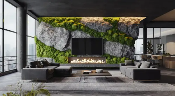 Moderne Wohnzimmergestaltung: Eine lange Wand wird mit Naturstein und Moos gestaltet, ein Kamin und ein Fernseher integriert.