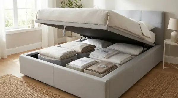 Ein Bett statt Sofa im Wohnzimmer mit viel Stauraum darunter für Bettwäsche.