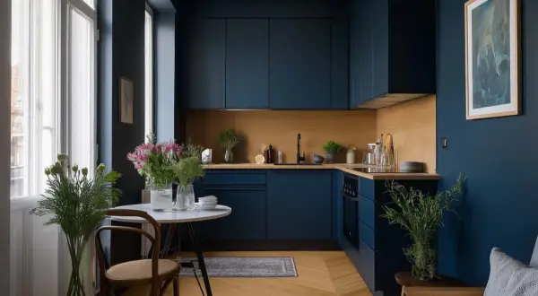 Ein modernes Wohnzimmer in Dunkelblau mit einer Holzküche, einem runden Esstisch und einem bequemen Sofa.
