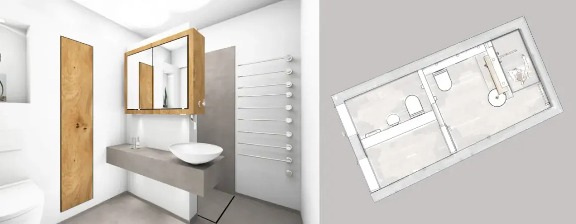Moderne Badezimmeraufteilung Ideen: ein Waschbecken auf Betonkonsole, Holzverkleidung und ein Grundriss zeigen clevere Raumgestaltung.