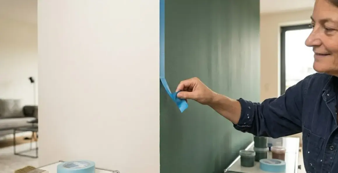 Frau klebt Klebeband an die Wand, um eine klare Trennlinie zu schaffen. Sie wird die Wand nicht bis zur Decke streichen, sondern nur einen Teil davon.