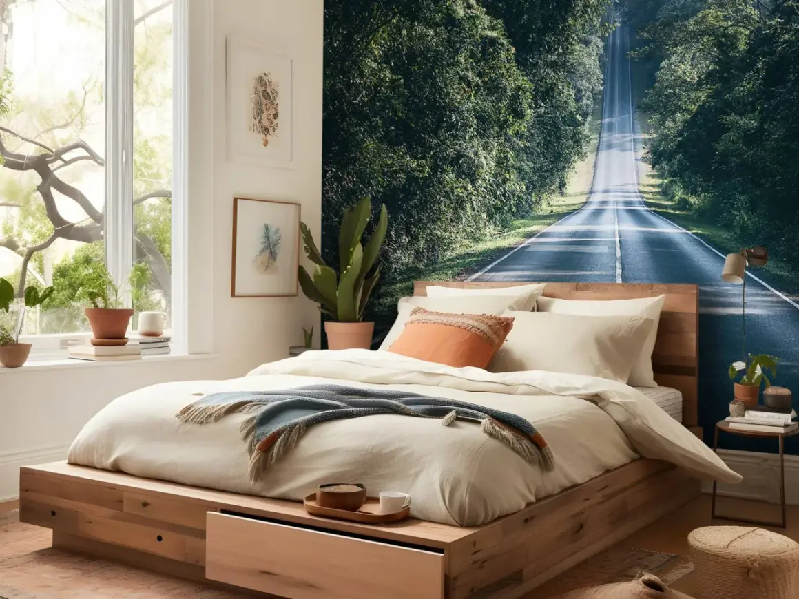 Gemütliches Schlafzimmer mit Bett, das eine **fototapete nicht direkt auf wand** hat. Die Tapete zeigt eine Straße, die von Bäumen gesäumt ist.