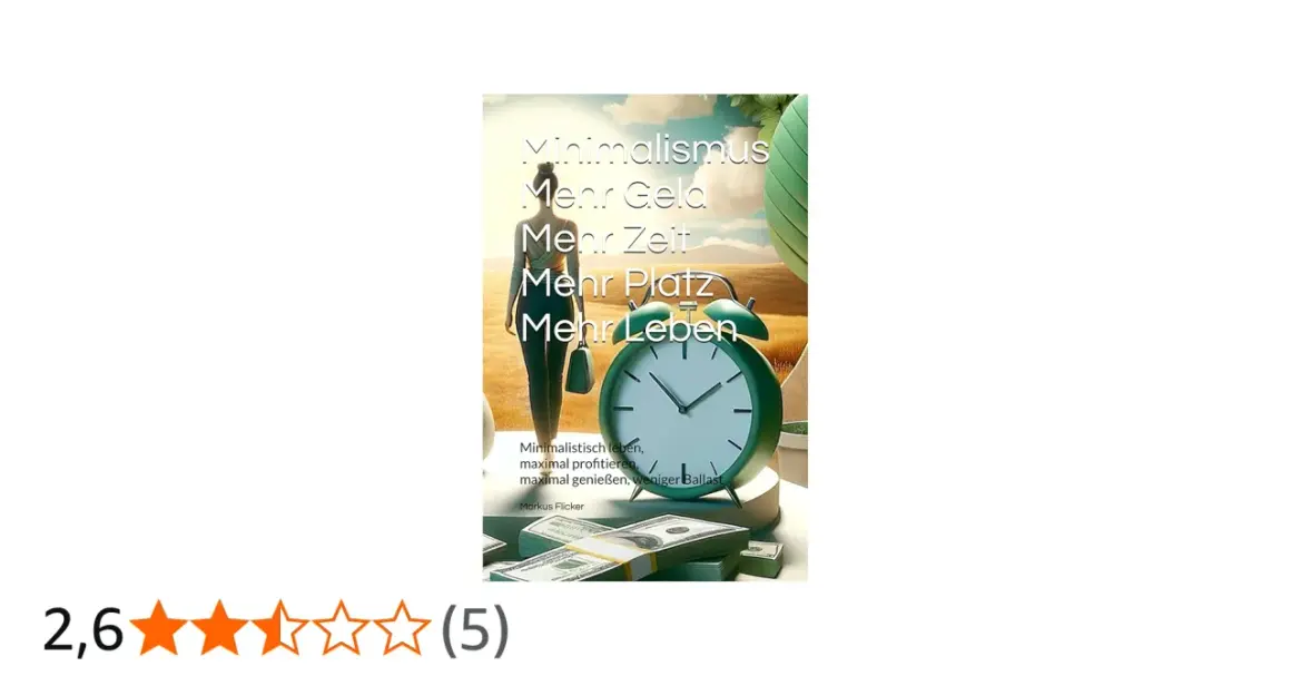 Buchcover: Minimalismus – Mehr Geld, mehr Zeit, mehr Platz, mehr Leben. Ein Wecker und Geldbündel symbolisieren, wie werde ich minimalist.