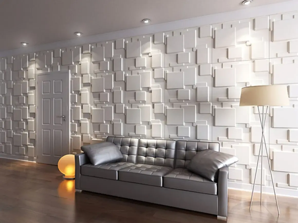 Modernes Wohnzimmer mit 3D-Quadrat-Tapete, die Tiefe schafft. Warum Tapete? Weil sie Räumen Charakter verleiht.