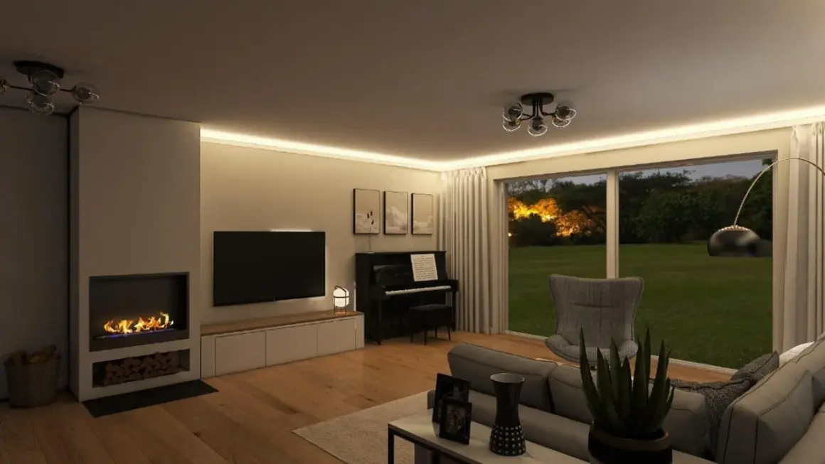 Gemütliche wohnidee wohnzimmer mit Kamin, Klavier und Blick ins Grüne. Einladende Atmosphäre durch indirekte Beleuchtung.
