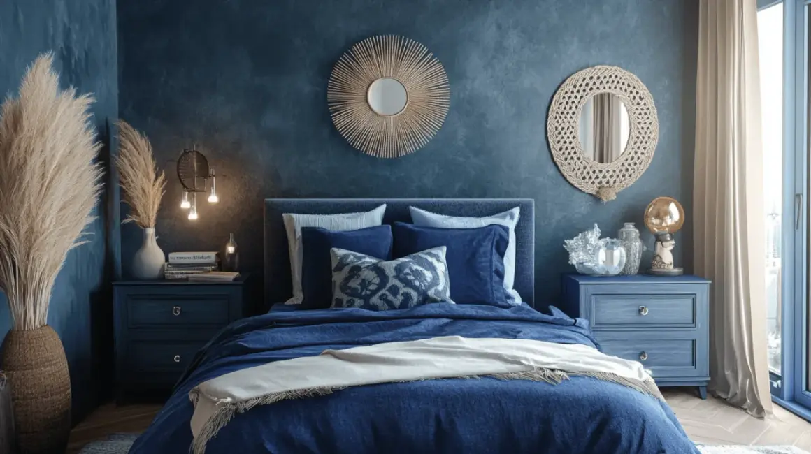 Ein stilvolles Schlafzimmer in Blau und Beige mit einem großen Bett, Spiegeln und Dekorationen.