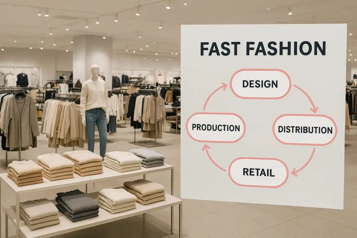 Schema von Fast Fashion: Design, Produktion, Distribution, Retail. Ein Kreislauf, der die Schnelllebigkeit der Branche zeigt, im Gegensatz zu Slow Fashion.