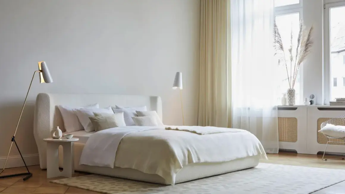 Ein helles Schlafzimmer mit einem großen Bett, das mit weißer Bettwäsche und einer cremefarbenen Decke bedeckt ist. Ein moderner Teppich bedeckt das ganze Zimmer und verleiht ihm Gemütlichkeit.