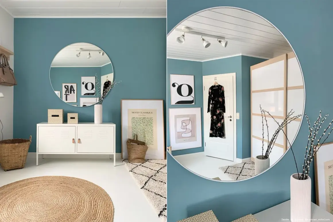 Ein stilvolles Zimmer in Aqua-Blau. Welche Farbe passt zu Aqua-Blau? Hier: Beige, Weiß und Schwarz harmonieren perfekt.