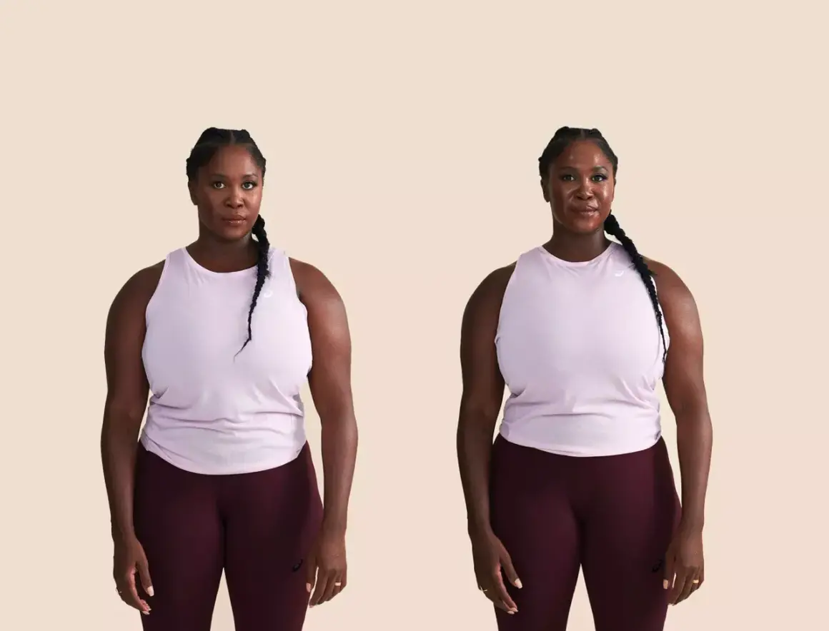 Zwei Bilder einer Frau im Sportoutfit. Links ernster Blick, rechts lächelnd. Ein Vorher-Nachher-Vergleich, der zeigt, wie sich das Wohlbefinden ausmisten kann.