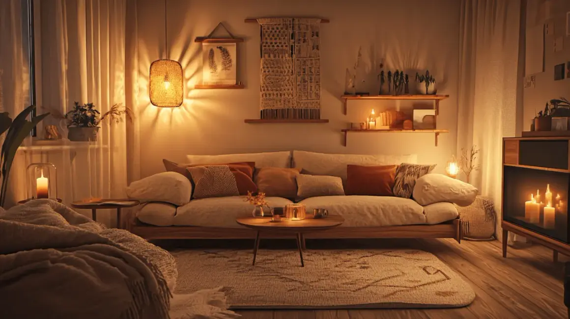 Gemütliches Wohnzimmer in warmem Braunton. Ein Sofa mit vielen Kissen, ein Teppich und Kerzenlicht schaffen eine einladende Atmosphäre.